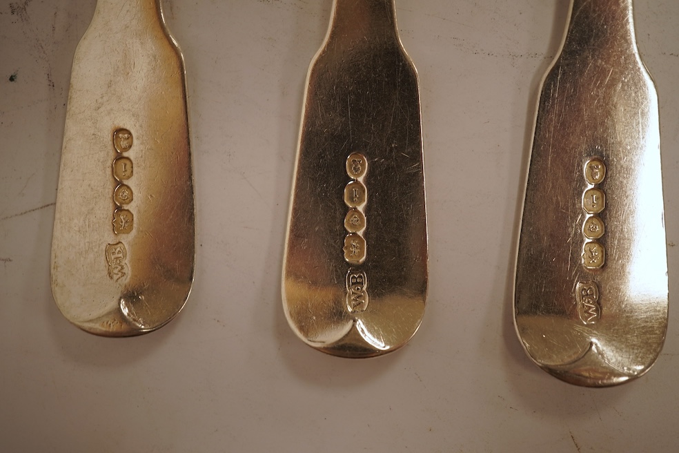 A set of five George I silver Hanoverian rat-tail pattern table spoons by Samuel Hitchcock, London, 1725 and four George IV silver fiddle pattern table forks, with engraved initial and crest, William Bateman, London, 182